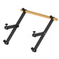 Black metal wall-mounted pull-up bar with wooden handles and adjustment knobs, shown on white background