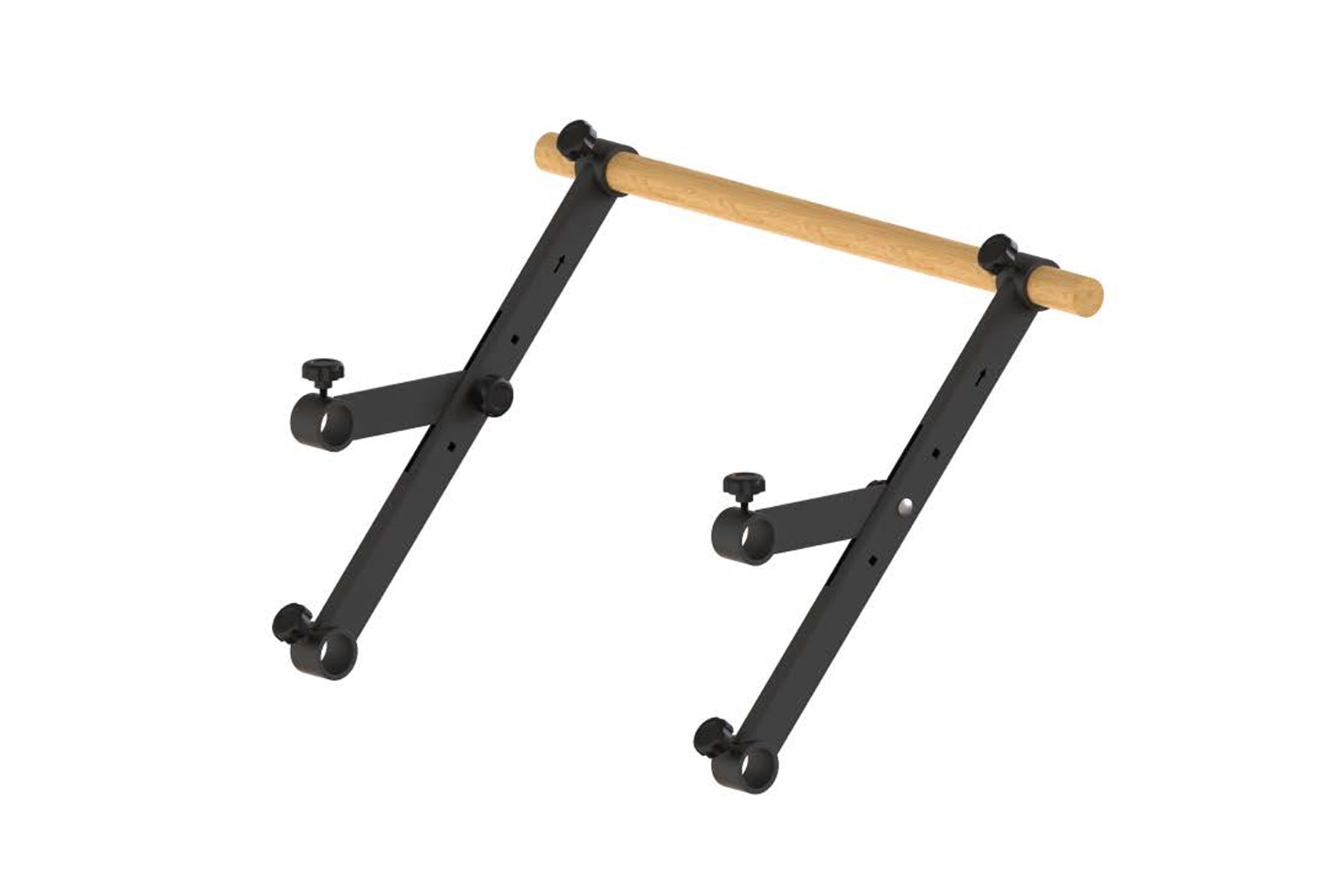 Black metal wall-mounted pull-up bar with wooden handles and adjustment knobs, shown on white background