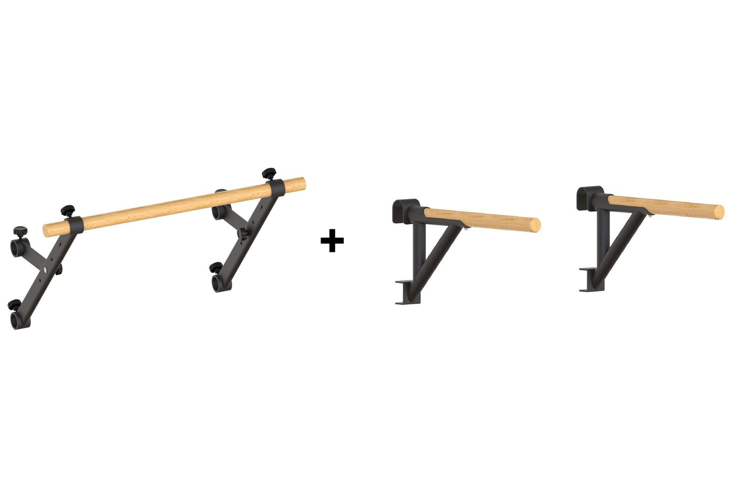Four wall-mounted pull-up bars with black steel brackets and natural wood dowels, displayed on white background