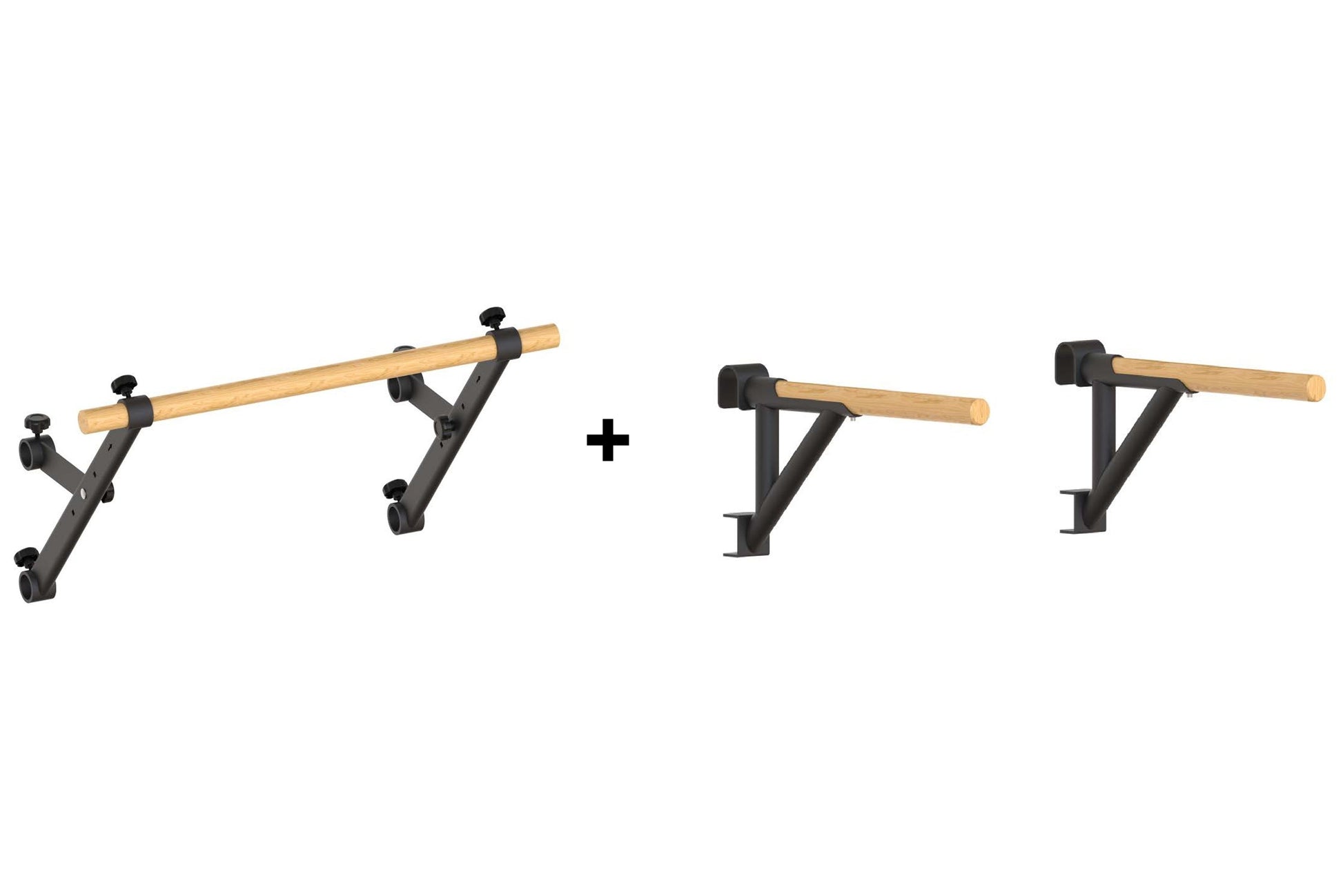 Four wall-mounted pull-up bars with black steel brackets and natural wood dowels, displayed on white background