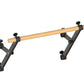 Wooden pull-up bar with black metal mounting brackets and adjustment knobs on white background