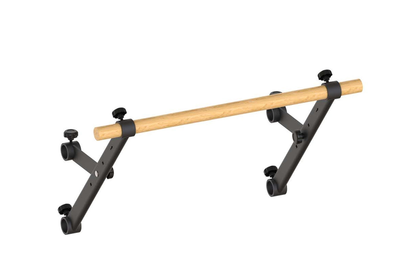 Wooden pull-up bar with black metal mounting brackets and adjustment knobs on white background