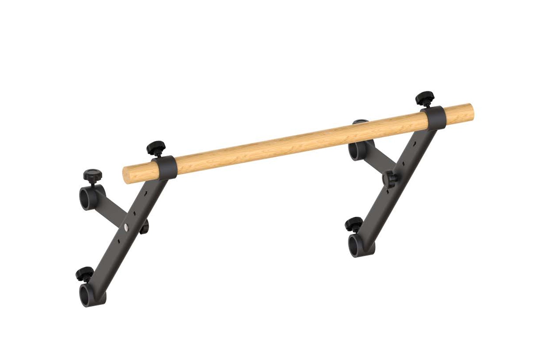 Wooden pull-up bar with black metal mounting brackets and adjustment knobs on white background