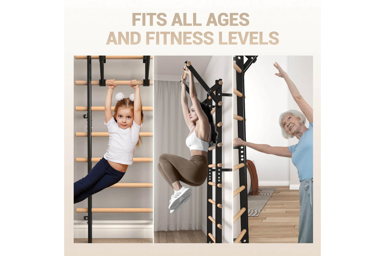 Wall-mounted Swedish stall bars with wooden rungs and black frame, shown in use by child, adult, and senior demonstrating exe
