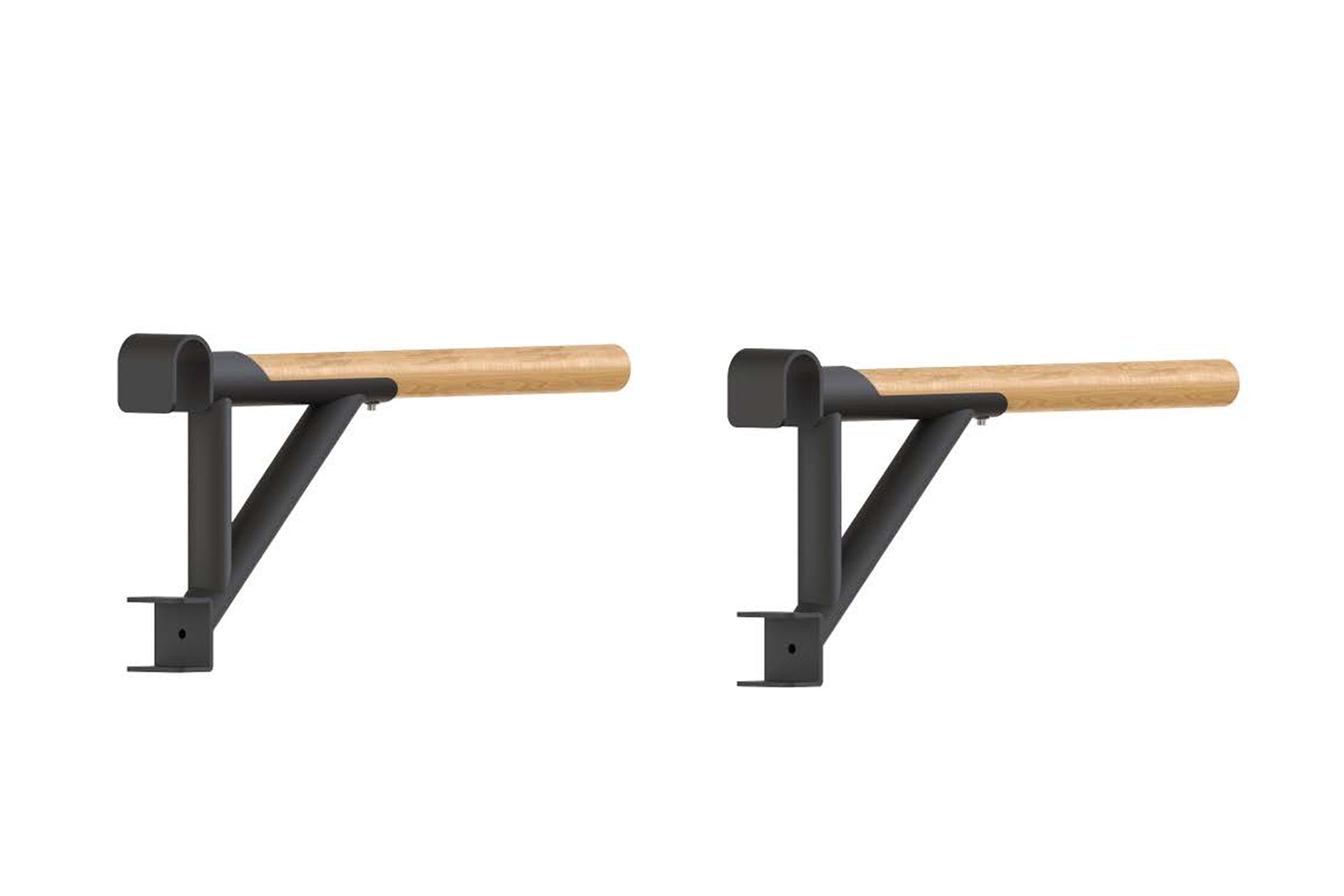 Pair of black wall-mounted pull-up bars with natural wood handles and triangular support brackets, on white background