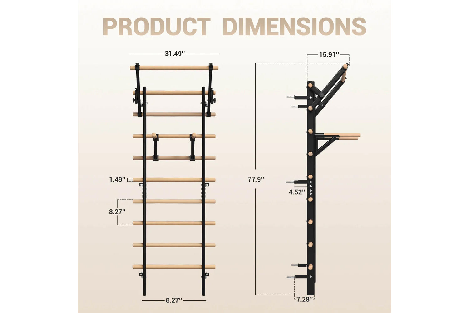 Warrior Swedish stall bars with wooden rungs and black steel frame, 31.49 inches wide, shown with dimension specifications on