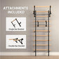 Wooden Swedish wall ladder with natural wood rungs and black metal frame mounted on gray wall, showing included single and do