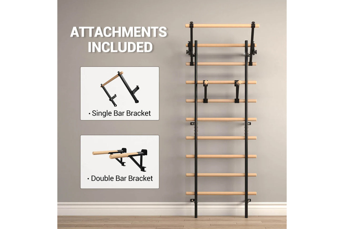 Wooden Swedish wall ladder with natural wood rungs and black metal frame mounted on gray wall, showing included single and do
