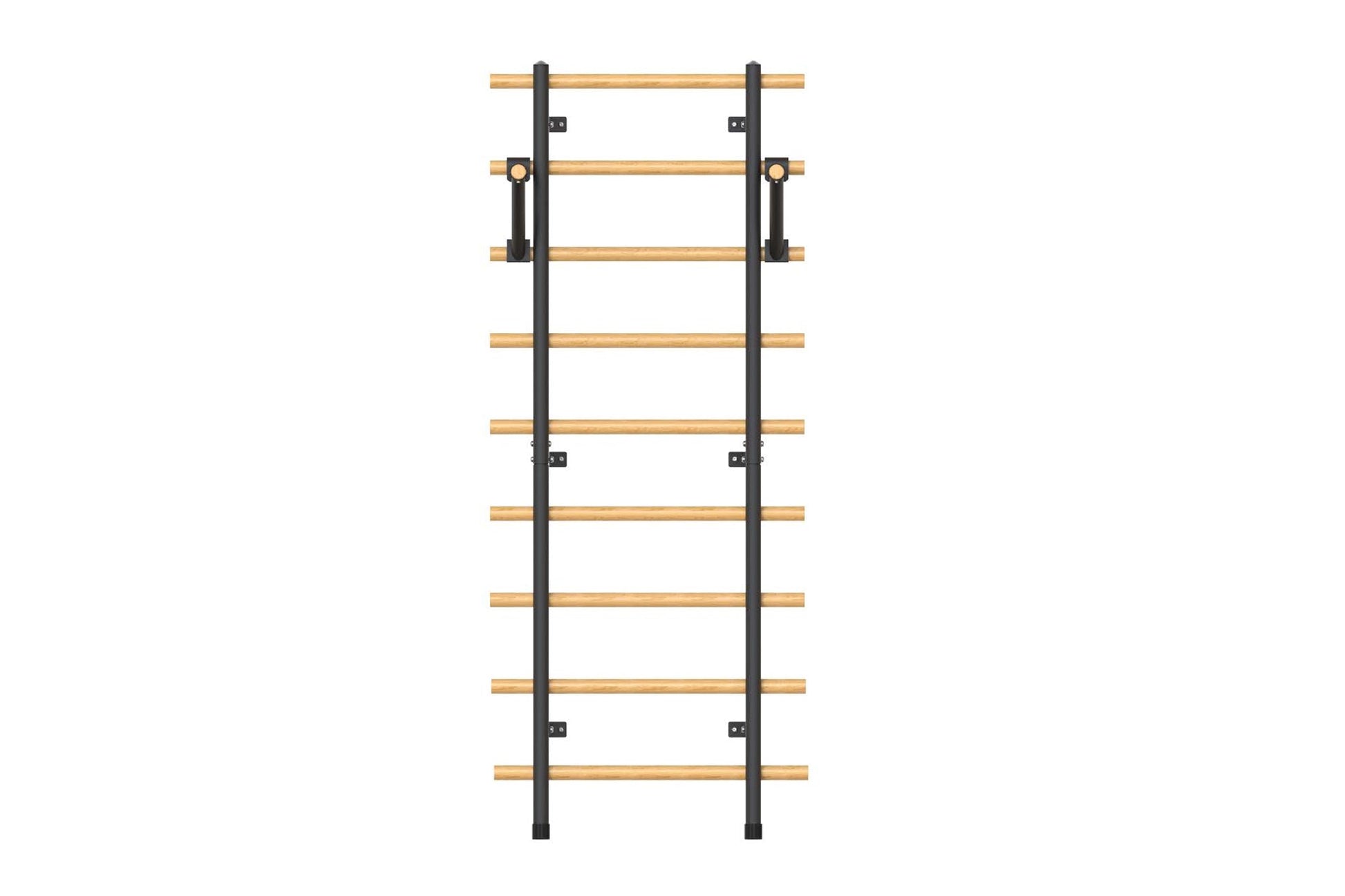 Warrior Swedish stall bars with nine natural wood rungs and black metal frame on white background