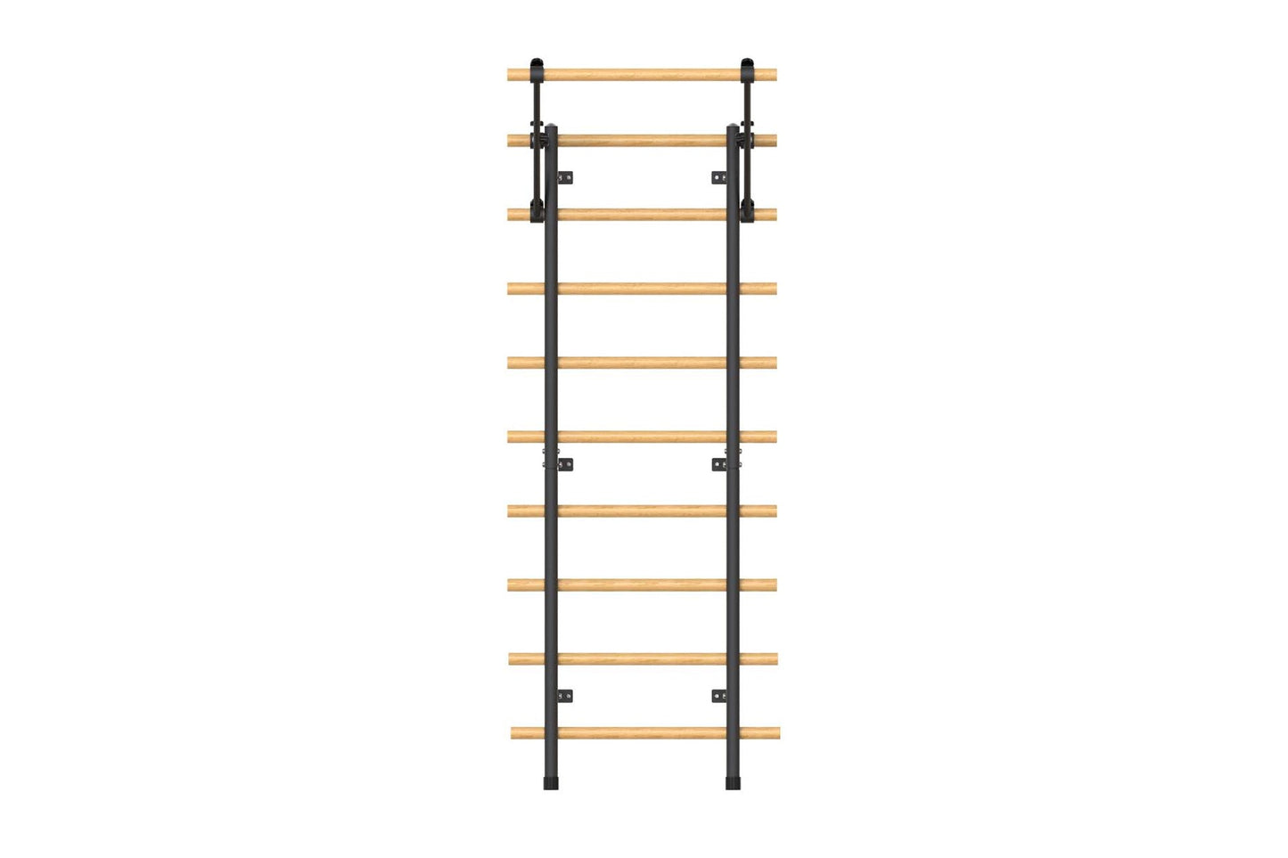 Warrior Swedish stall bars with natural wood rungs and black metal frame on white background