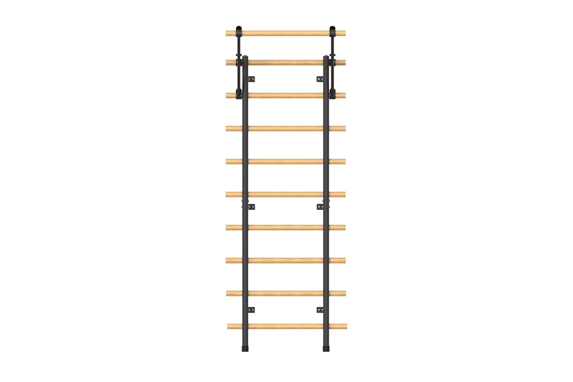 Warrior Swedish stall bars with natural wood rungs and black metal frame on white background