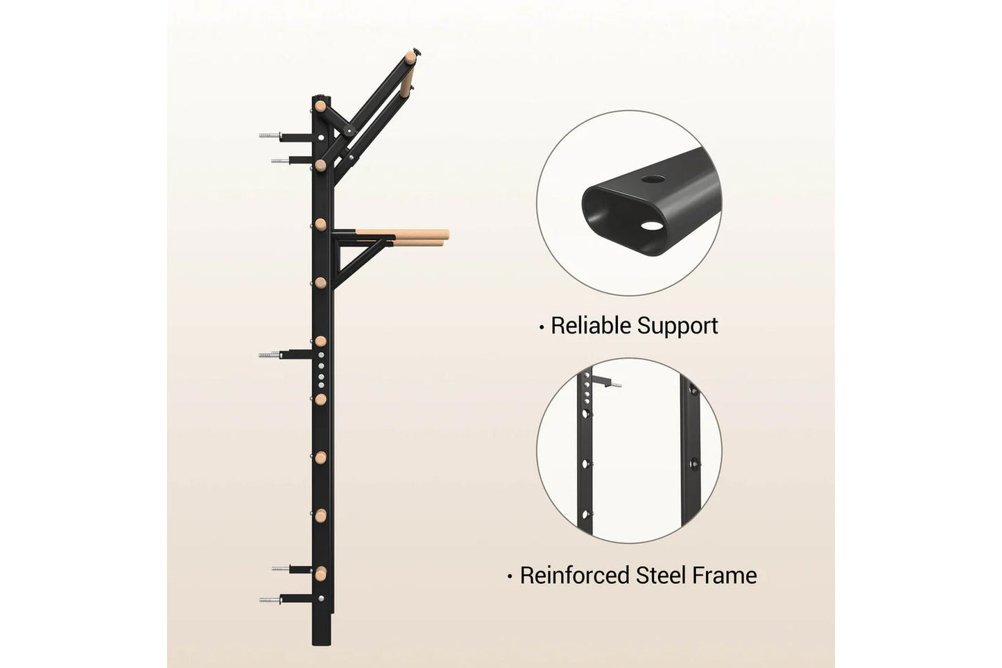 Black steel Swedish stall bars with wooden pull-up bar, featuring reinforced steel frame and mounting hardware, shown with de