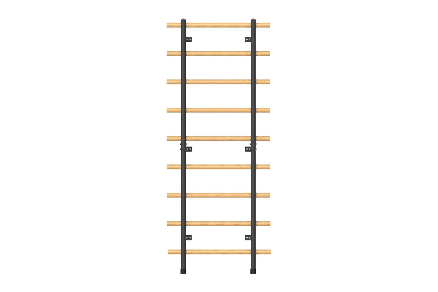 Warrior Swedish stall bars with black vertical uprights and ten natural wood horizontal rungs on white background