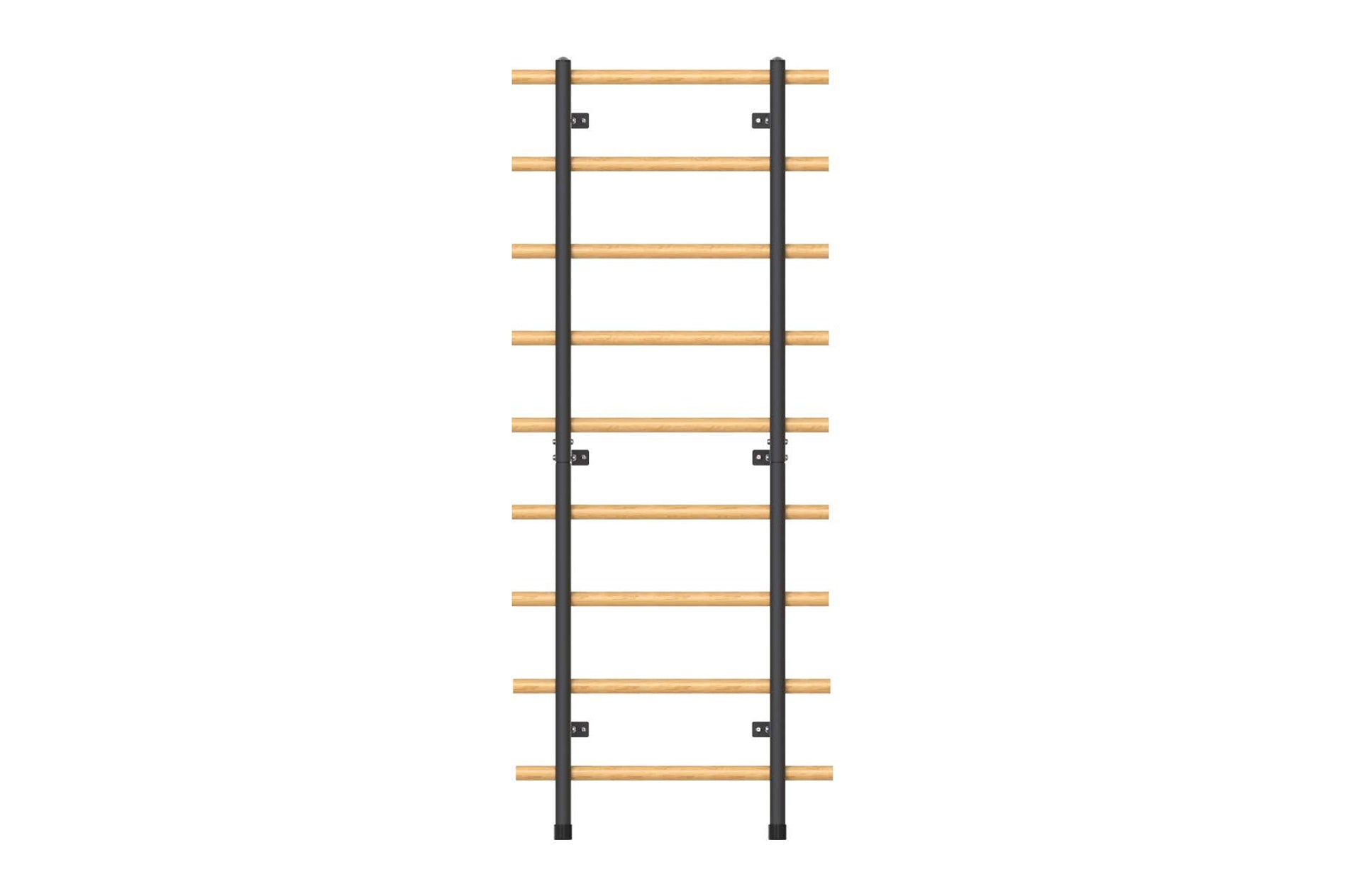 Warrior Swedish stall bars with black vertical uprights and ten natural wood horizontal rungs on white background
