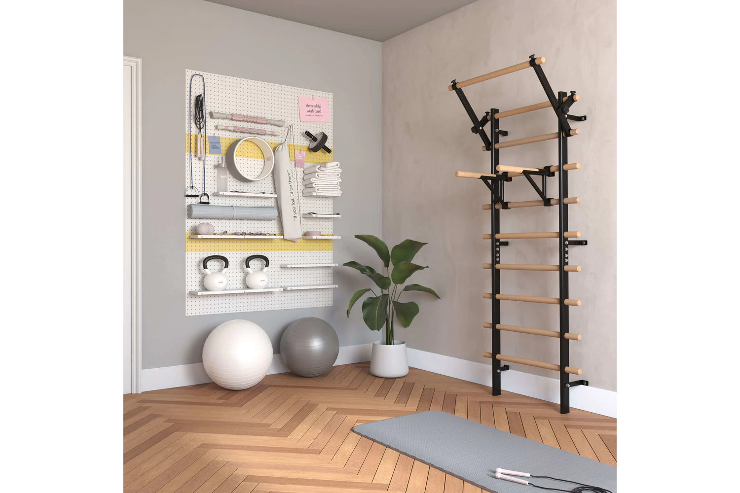 Black metal Swedish stall bars with natural wood rungs, wall-mounted in home gym setting