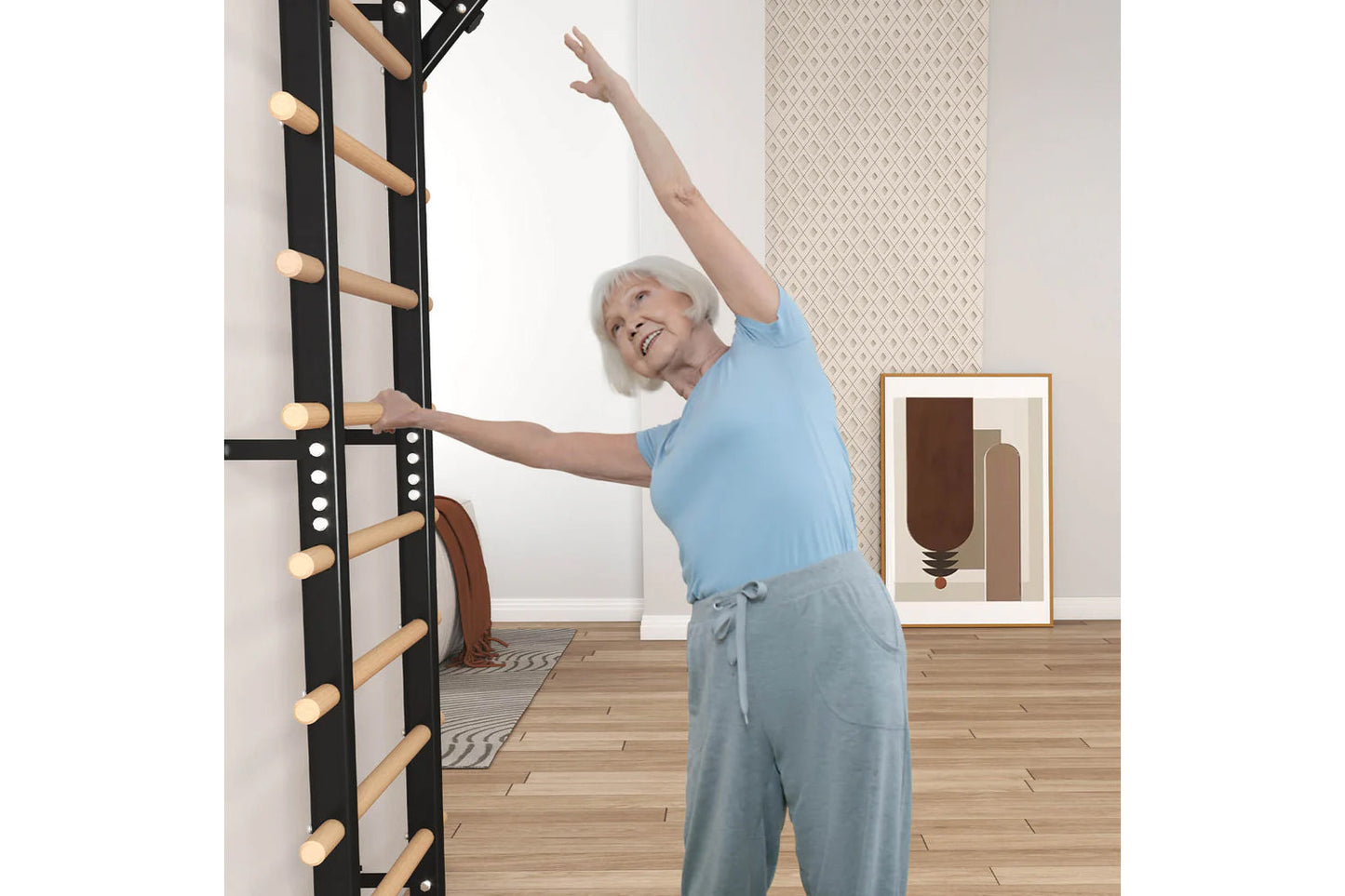 Senior woman in light blue t-shirt and gray pants exercising on black and wood wall-mounted ladder bars in home gym setting