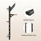 Black steel wall-mounted pull-up bar system with wooden handles and multiple attachment points, shown with feature callouts f