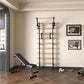Wall-mounted Swedish stall bars with natural wood rungs and black metal frame in home gym setting