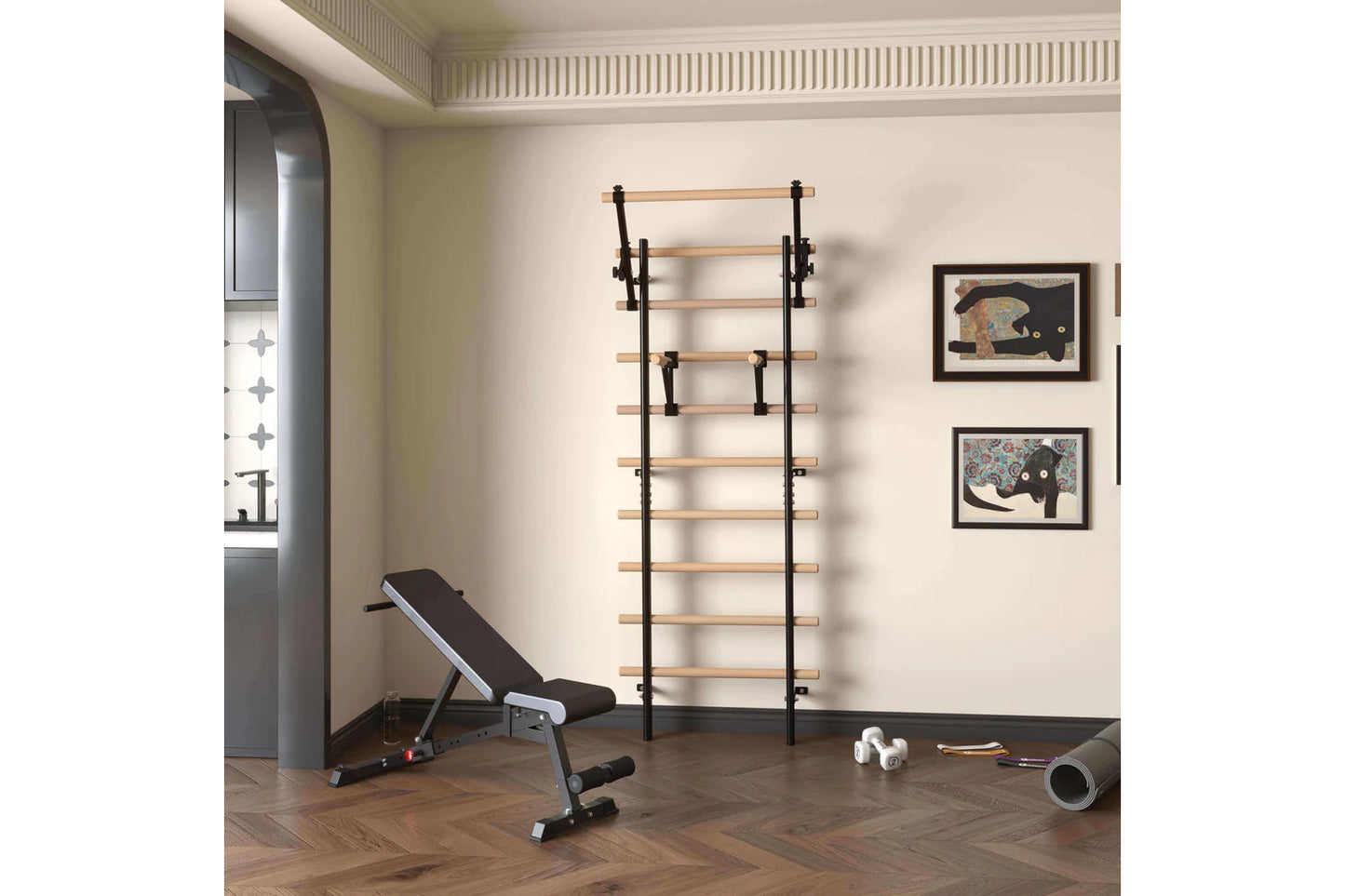 Wall-mounted Swedish stall bars with natural wood rungs and black metal frame in home gym setting