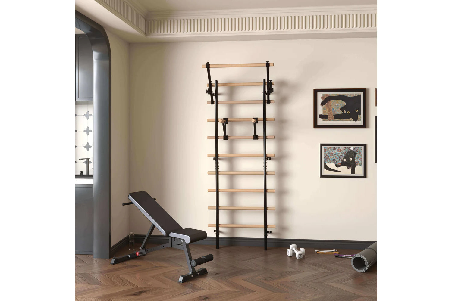 Wall-mounted Swedish stall bars with natural wood rungs and black metal frame in home gym setting