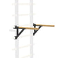 Wall-mounted pull-up bar with natural wood dowel and black metal brackets, installed on vertical ladder bars