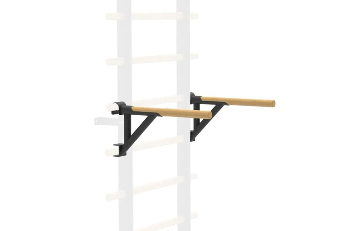 Wall-mounted pull-up bar with natural wood dowel and black metal brackets, installed on vertical ladder bars
