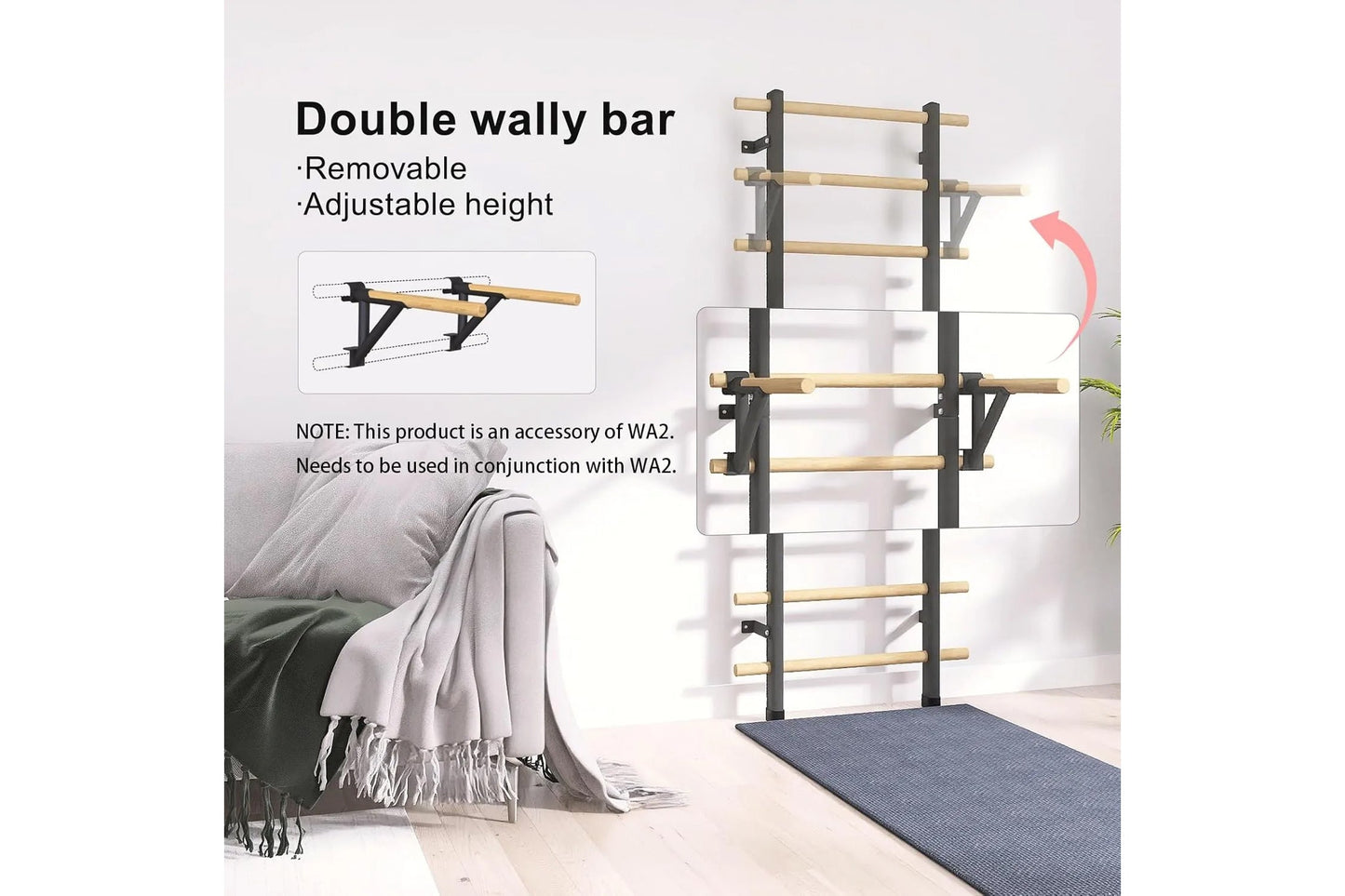 Double wally bar with black metal frame and natural wood rungs, adjustable height, displayed in bedroom setting next to bed w