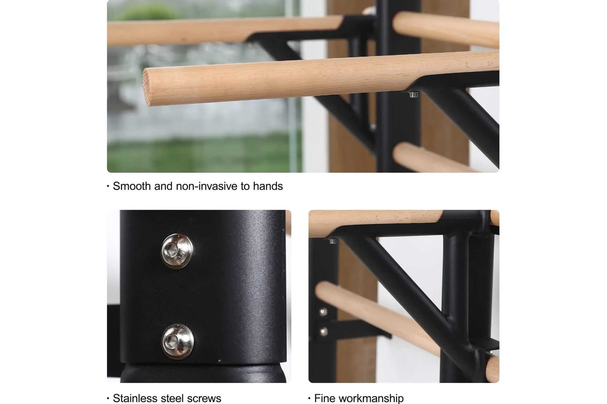 Natural wood and black metal stall bars with rounded wooden rungs and metal bracket joints