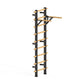 Black and natural wood Swedish stall bars with horizontal rungs and pull-up bar, shown on white background