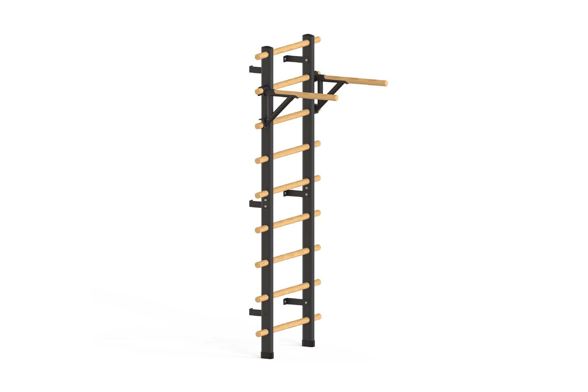 Black and natural wood Swedish stall bars with horizontal rungs and pull-up bar, shown on white background