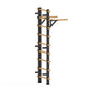 Wall-mounted Swedish stall bars with black frame and natural wood rungs and pull-up bar, flat lay on white background