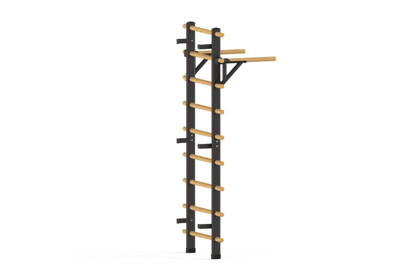 Wall-mounted Swedish stall bars with black frame and natural wood rungs and pull-up bar, flat lay on white background