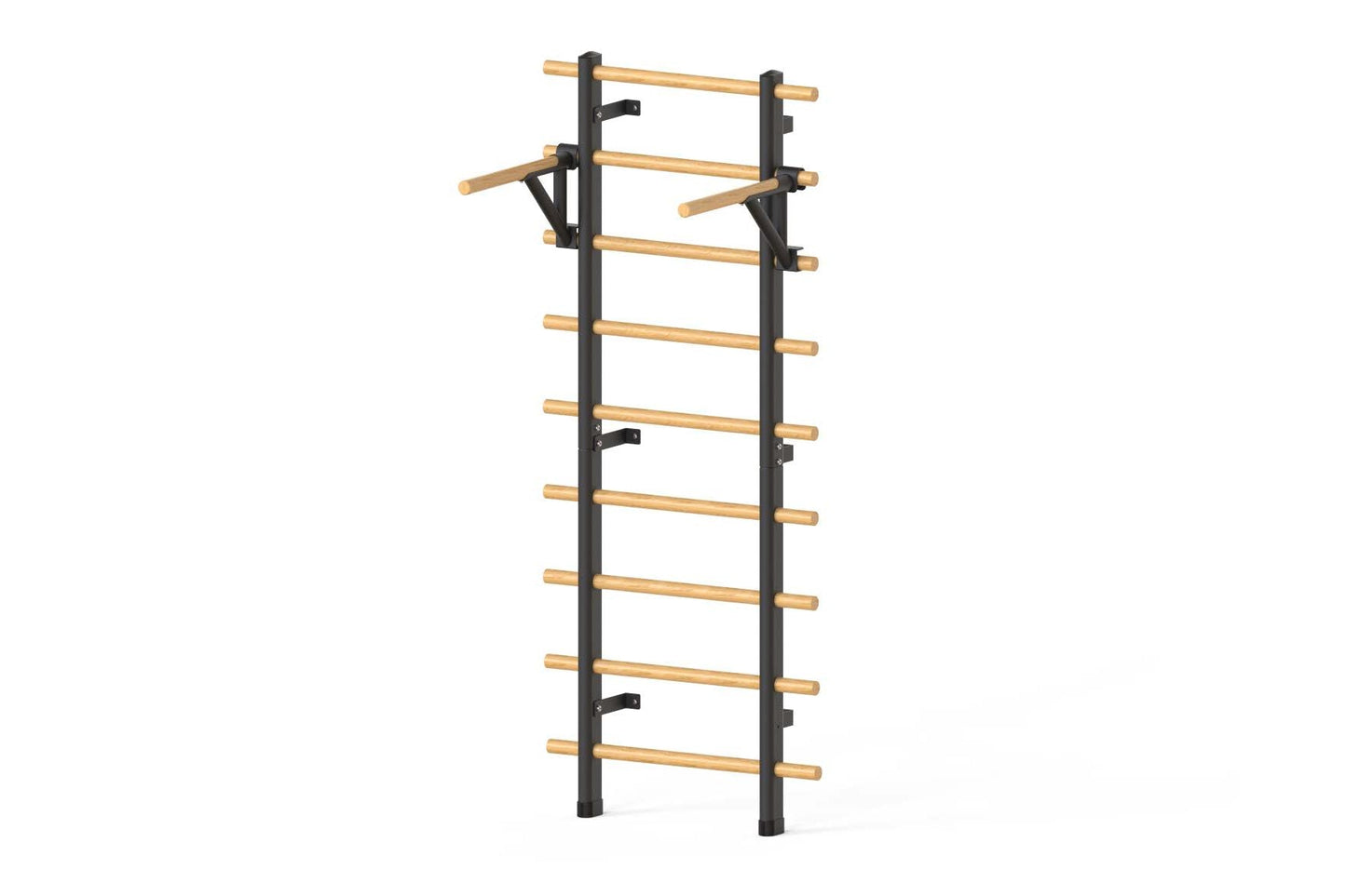 Warrior Swedish Stall Bars with black metal vertical frame and natural wood horizontal rungs, on white background