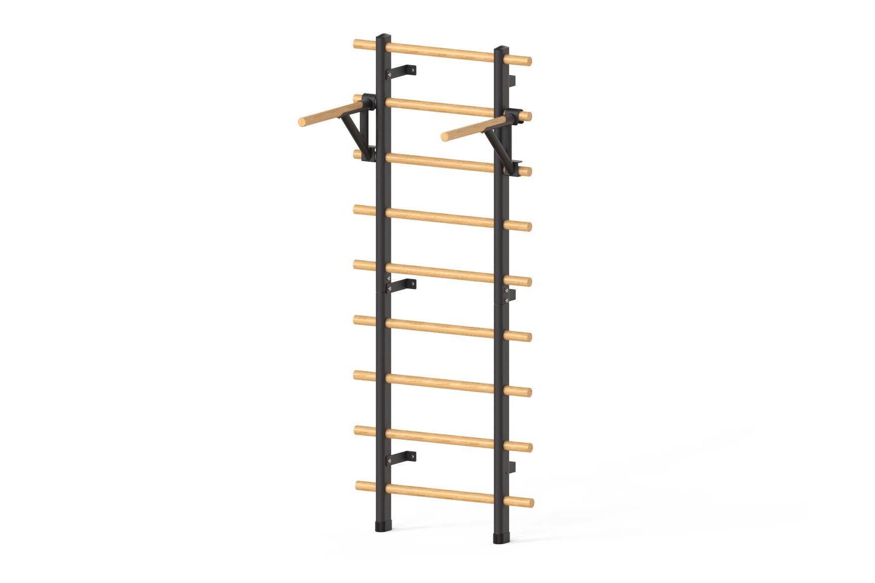Warrior Swedish Stall Bars with black metal vertical frame and natural wood horizontal rungs, on white background