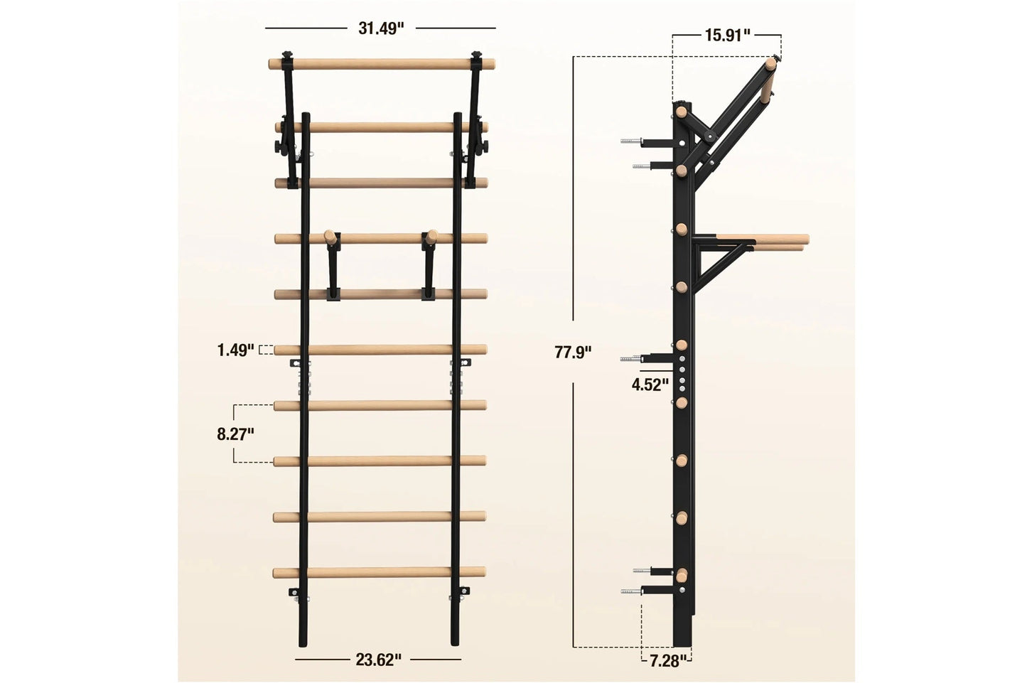 Warrior Swedish Stall Bars with black metal frame, natural wood rungs, and dimension specifications shown on beige background