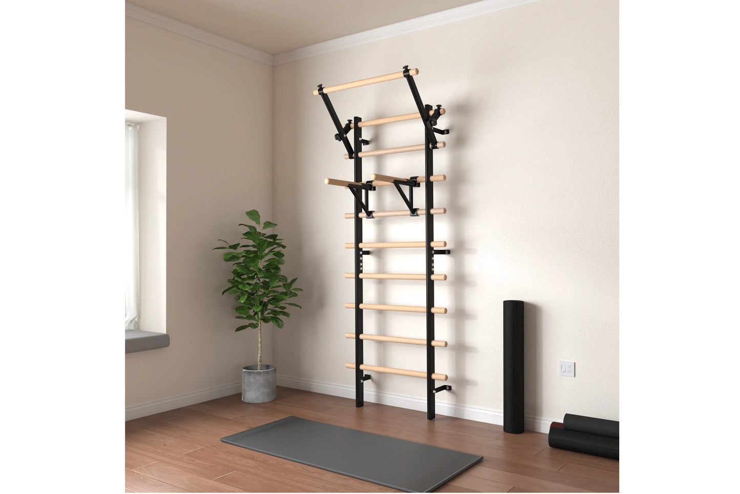Warrior Swedish stall bars with black metal frame and natural wood rungs mounted on wall in home gym setting