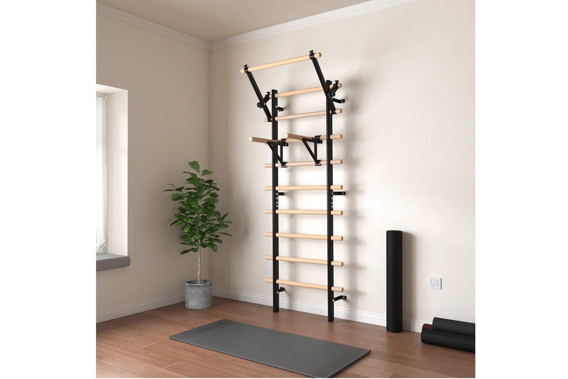 Warrior Swedish stall bars with black metal frame and natural wood rungs mounted on wall in home gym setting