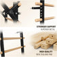 Warrior Swedish stall bars with black metal frame and natural wood rungs, showing adjustable bracket system and multiple conf