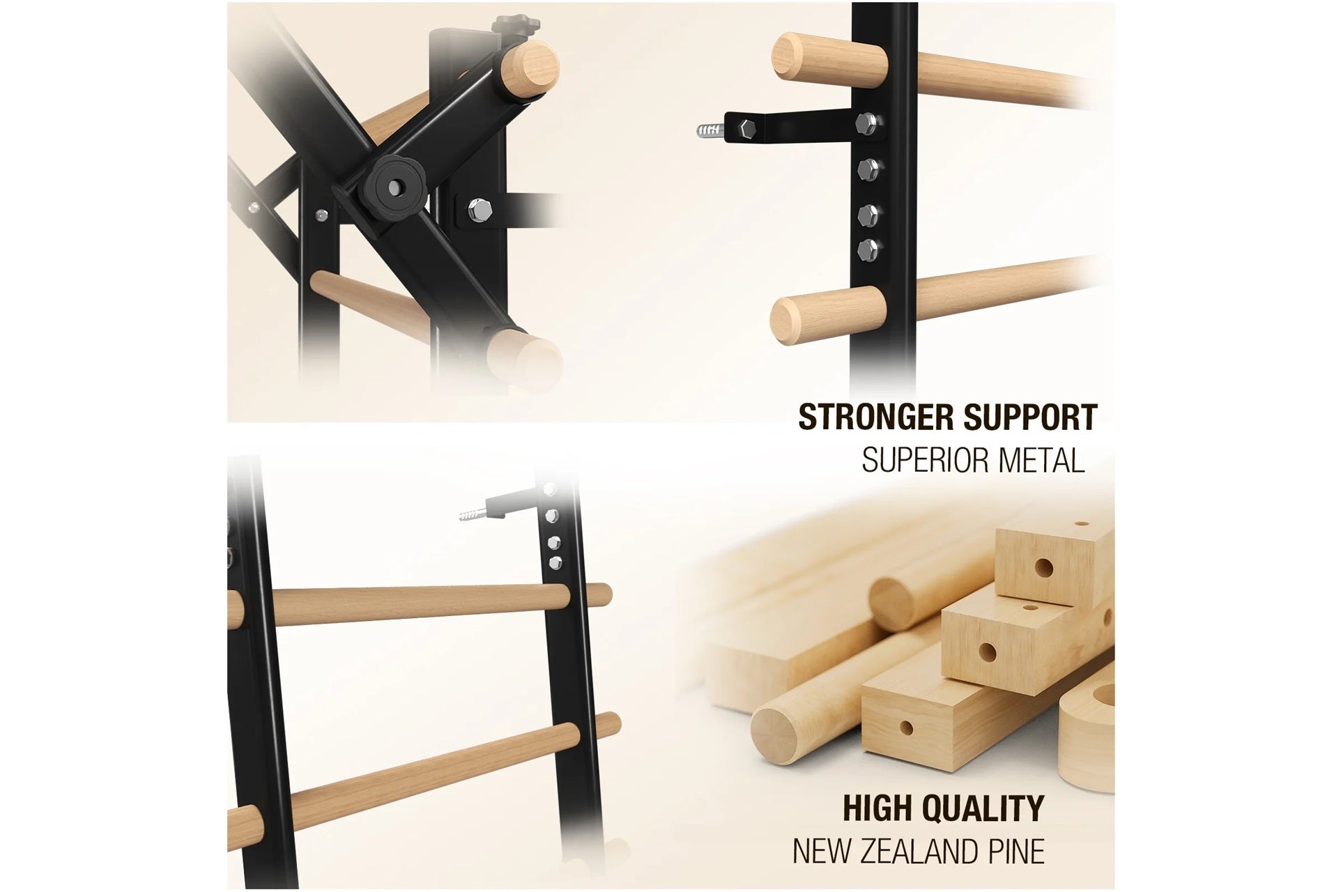 Warrior Swedish stall bars with black metal frame and natural wood rungs, showing adjustable bracket system and multiple conf