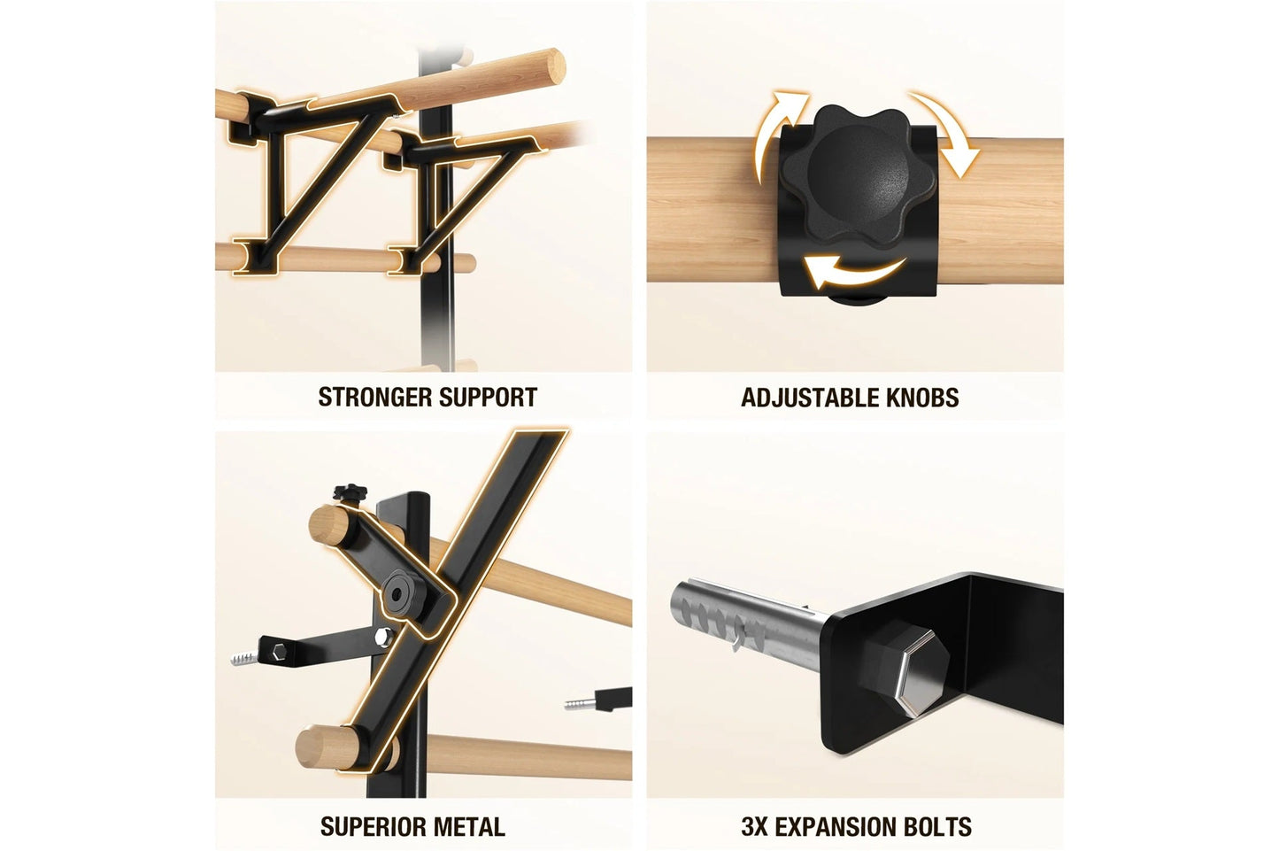Swedish stall bars with wooden rails and black metal brackets showing stronger support, adjustable knobs, superior metal cons