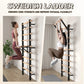 Black and natural wood Swedish ladder wall-mounted fitness bar with horizontal wooden rungs, shown with two models demonstrat