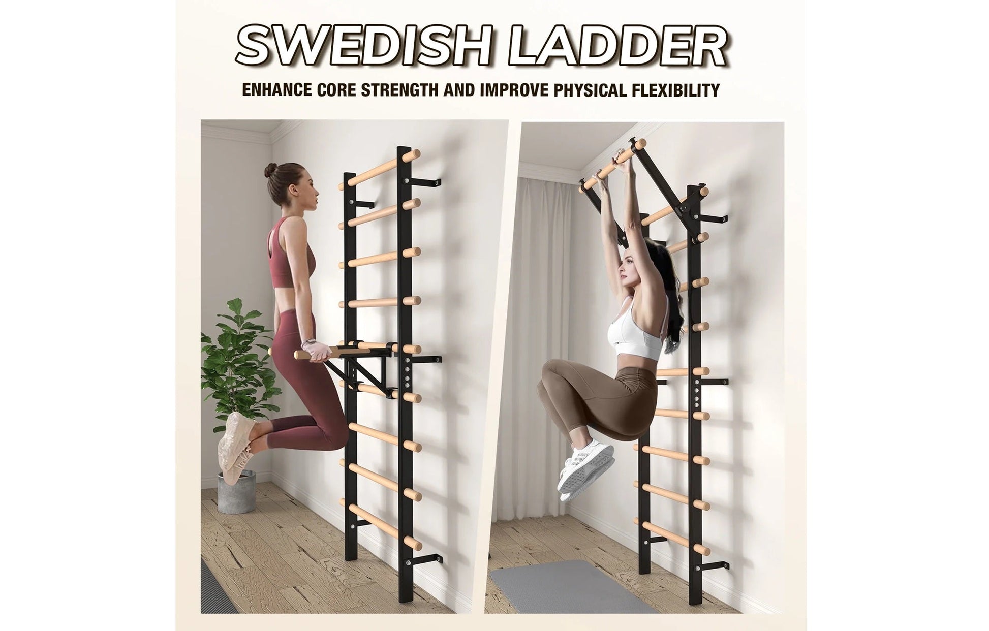 Black and natural wood Swedish ladder wall-mounted fitness bar with horizontal wooden rungs, shown with two models demonstrat
