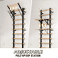 Adjustable wall-mounted pull-up bar and dip station with natural wood rungs and black metal frame, showing extended and retra