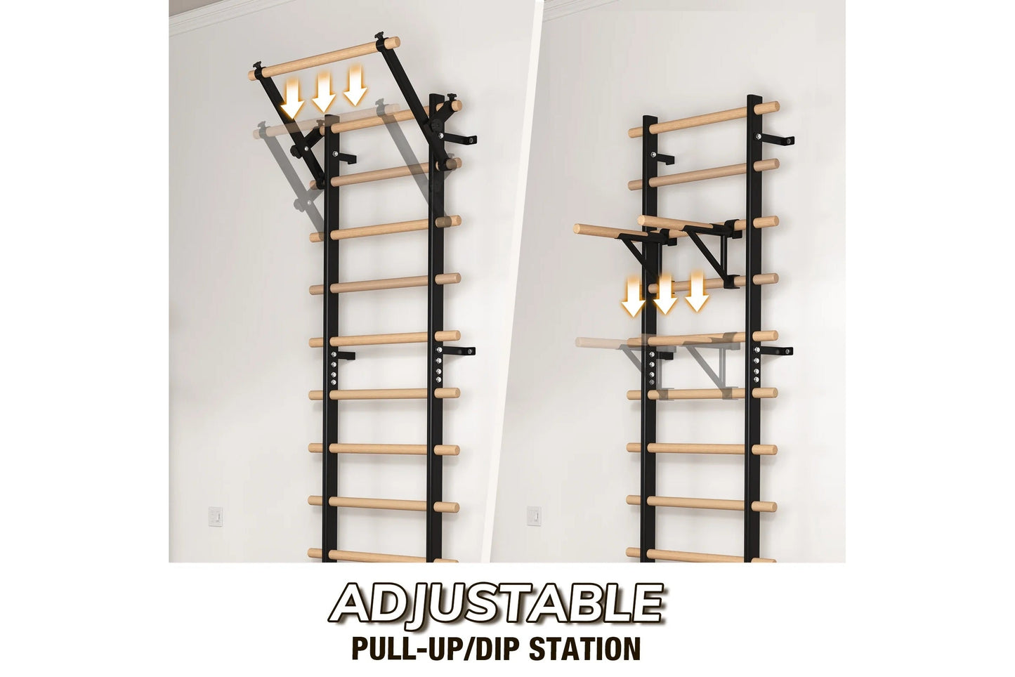Adjustable wall-mounted pull-up bar and dip station with natural wood rungs and black metal frame, showing extended and retra