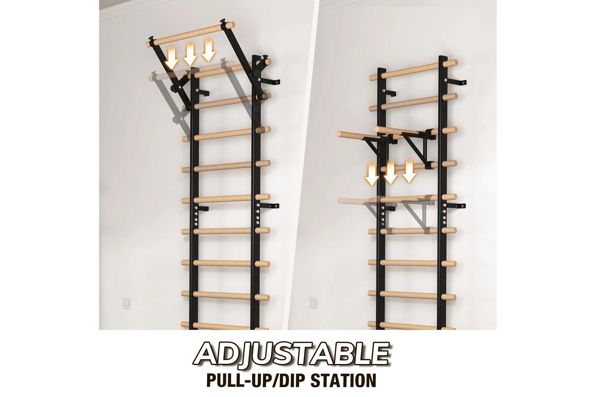 Adjustable wall-mounted pull-up bar and dip station with natural wood rungs and black metal frame, showing extended and retra
