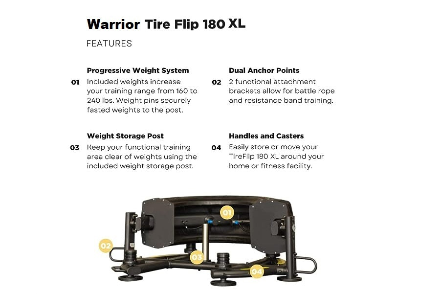 Warrior Tire Flip 180 XL black functional training equipment with dual anchor points, weight storage post, and handles, shown