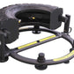 Black and gray tire flip training equipment with yellow caution labels and adjustable height handles on white background