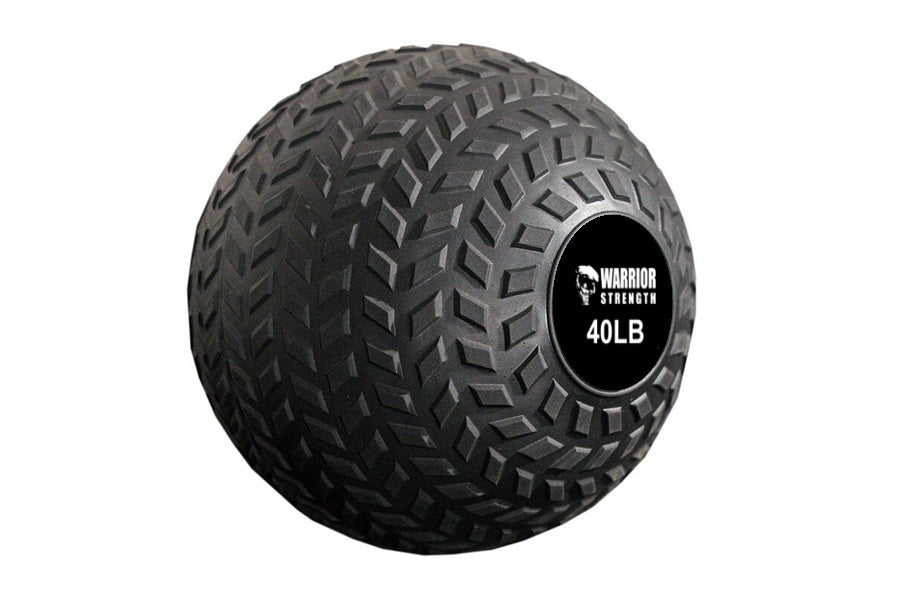 Warrior Strength black slam ball with textured tread surface and 40LB weight label on white background