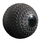 Black rubber slam ball with aggressive chevron tread pattern and metal reinforcement ring on white background