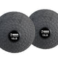 Pair of dark gray textured slam balls labeled 10LB and 15LB with Warrior Strength branding on white background
